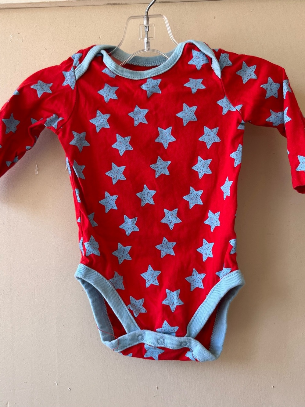 Place Red Long-Sleeve Star Print Bodysuit with Light Blue Trim